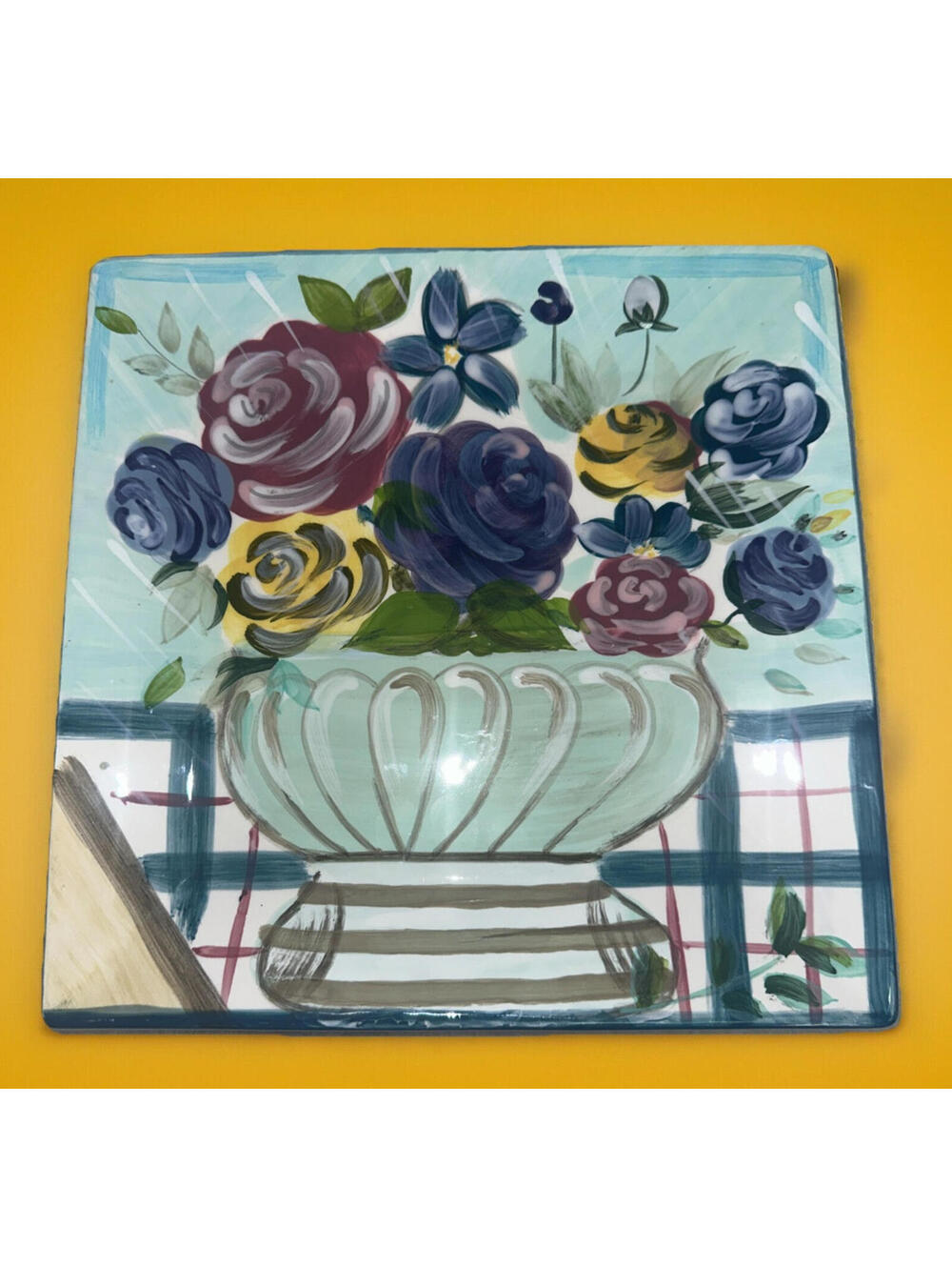 Flowers in vase painting ceramic wall hanging Square Ready To Hang L. Vernon